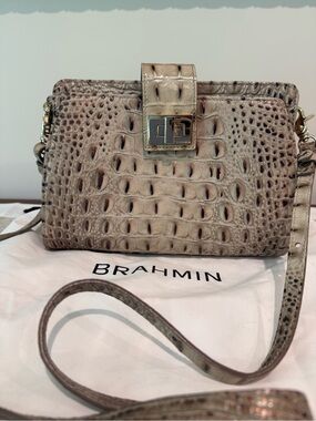 Brahmin Taupe Croc-Embossed Leather Crossbody with Gold Hardware
